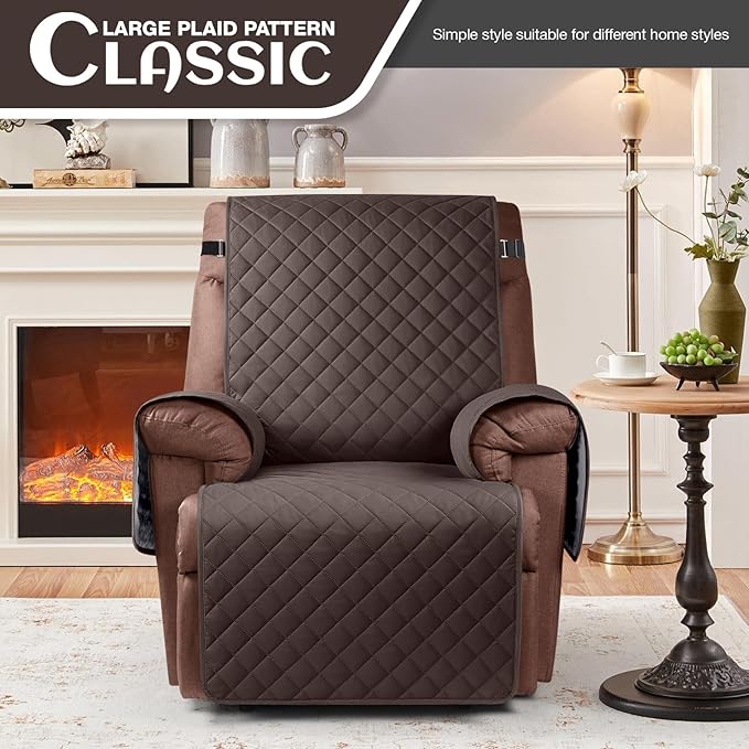 KinCam 100% Waterproof Recliner Chair Cover, Reclining Couch Covers for Pets, Dogs, Recliner Couch Slipcover Furniture Protector with Elastic Straps for Kids(30", Chocolate)