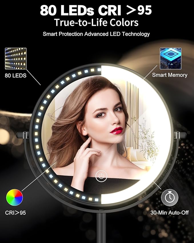 VFD 30X/1X Makeup Mirror with Lights, Height Adjustable Lighted Magnifying Vanity Mirror with 3 Lighting and Adjustable Brightness, 3000mAh Rechargeable Double Sided Switch for Desk Women Gift