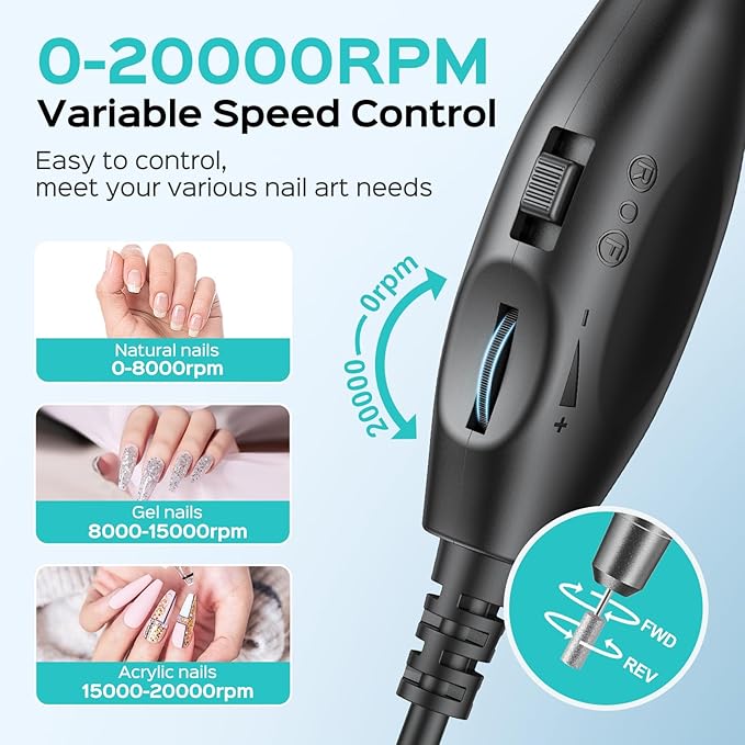 COSLUS C40 Electric Nail Drill File Professional: for Acrylic Gel Dip Powder Nails Portable Nail Drill Machine Kit Manicure Pedicure Tools Polishing Set with Nail Drill Bits Sanding Bands