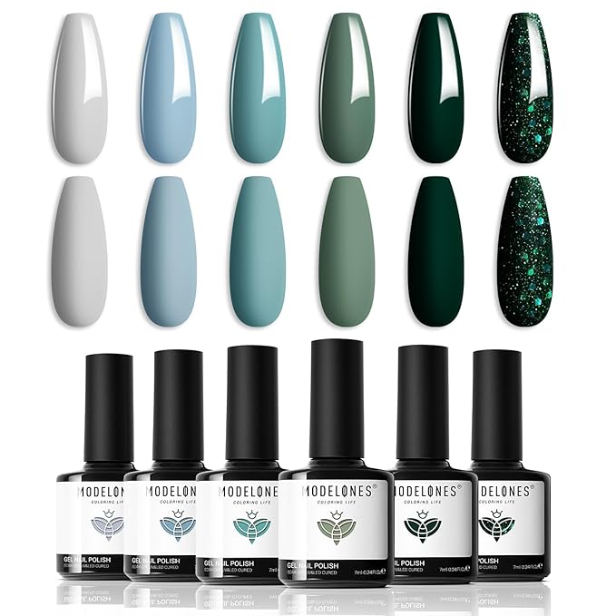 modelones Gel Nail Polish Set - 6 Colors 2026 Spring Summer Misty Gray Dark Green Glitter Gel Polish Kit Sage Green Baby Blue Nail Polish Soak Off LED Nail Lamp Nail Kit Nails Salon DIY Gift