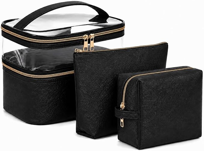 3PCS PU Leather Makeup Bag, Large Travel Cosmetic Pouch, Cute Toiletry Organizer for Women, Black