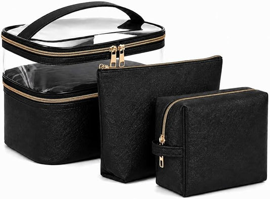 3PCS PU Leather Makeup Bag, Large Travel Cosmetic Pouch, Cute Toiletry Organizer for Women, Black