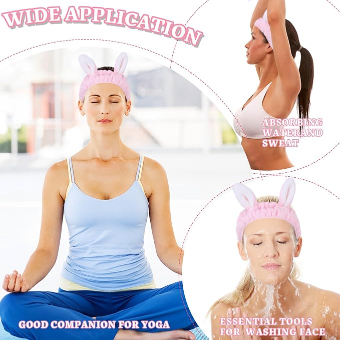Cute pink Rabbit Ears Headband Frog Eye Elastic to Wash Face for Women Makeup Shower Spa (1 Pack)