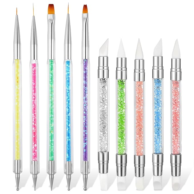10Pcs Nail Art Brush Set, Nail Art Sculpture Pen Dual Tipped Silicone Nail Tools Acrylic Gel Nail Brush Crystal Handle Liner Brushes Rhinestone Nail Polish Carving Pen Nail Art Tools for Home Salon