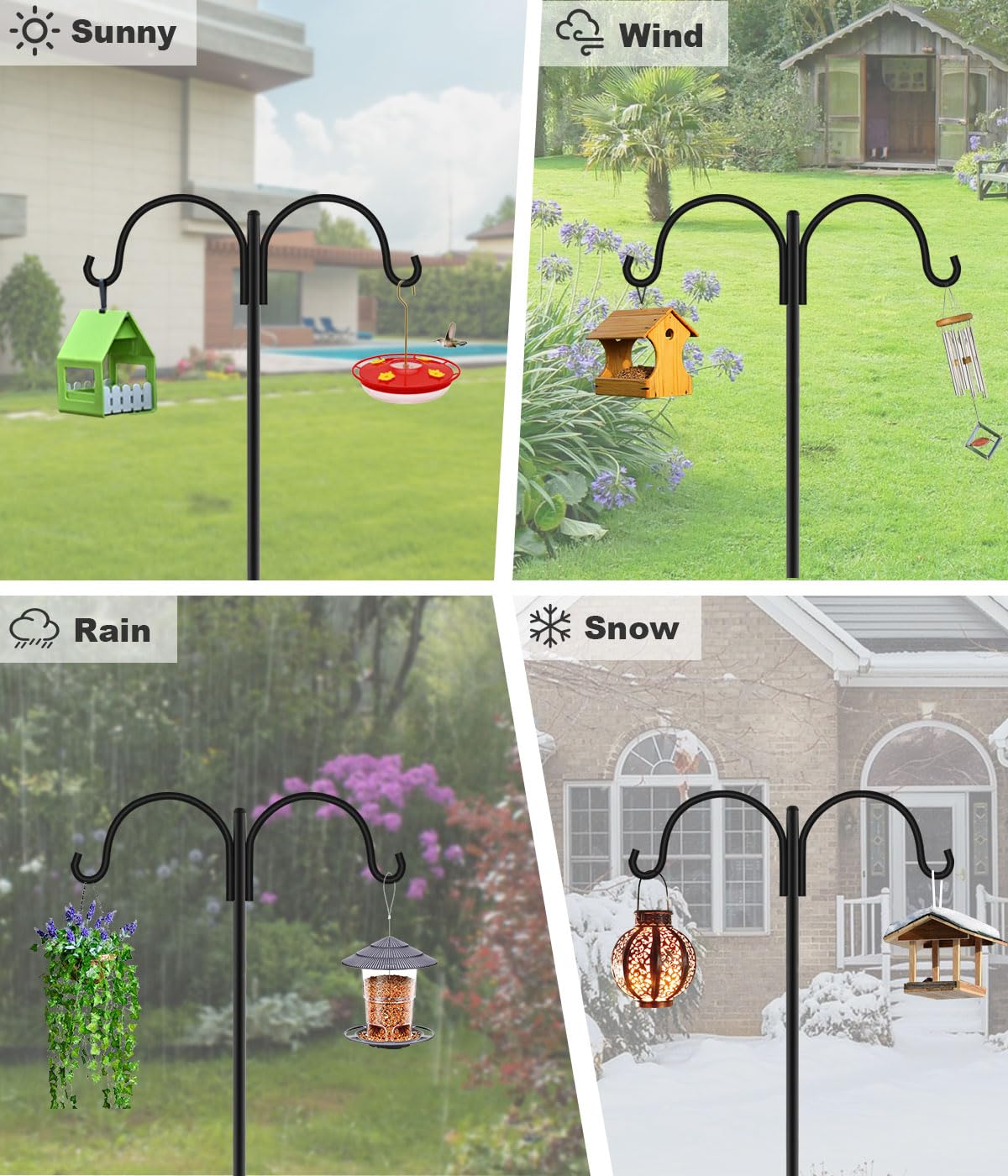 Artibear Double Shepherd Hooks for Outdoor, 76" Heavy Duty Bird Feeder Hangers Garden Hooks with 5-Prong Base, Outside Hanging Pole for Plant Baskets, Solar Light Lanterns, Wind Chimes, 2 Pack