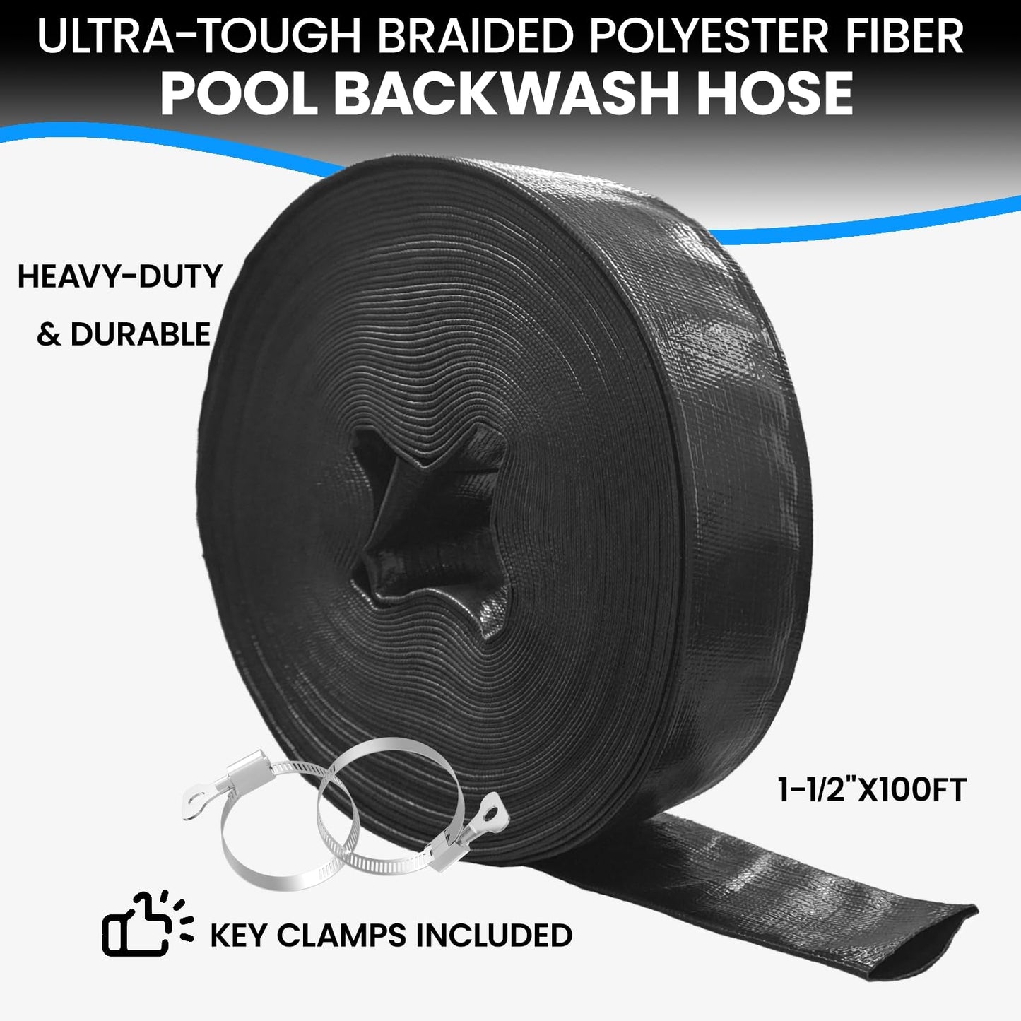 Poolvio Backwash Hose 1-1/2" x 100 ft, Heavy-Duty Lay-Flat Reinforced PVC Discharge Hose with 2 Stainless Steel Thumb Screw Clamps, Leak-Resistant for Inground & Above-Ground Pool Filters