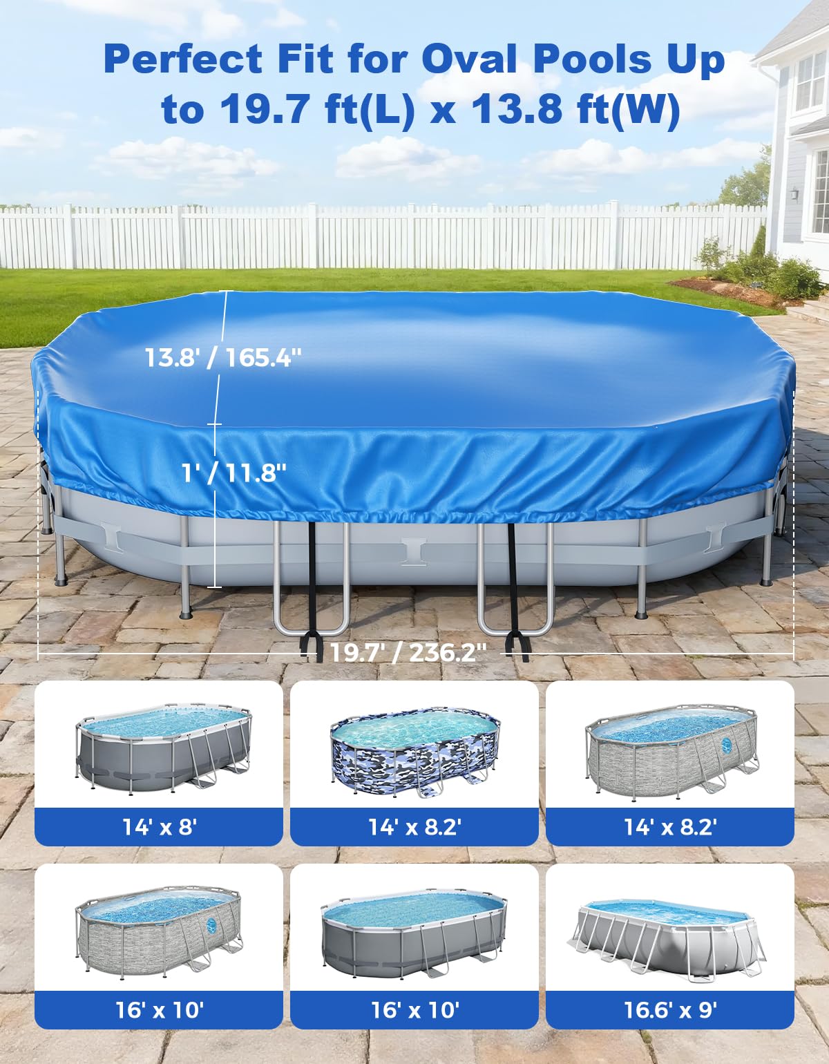 Feelife 16’ x 10’ Oval Pool Cover for Above Ground Pools, Built-in Elastic & 6 Integrated Cords, Easy 20s Setup, Above Ground Swimming Pool Cover Fits 16’ x10’ & 14’x8.2’ Pools