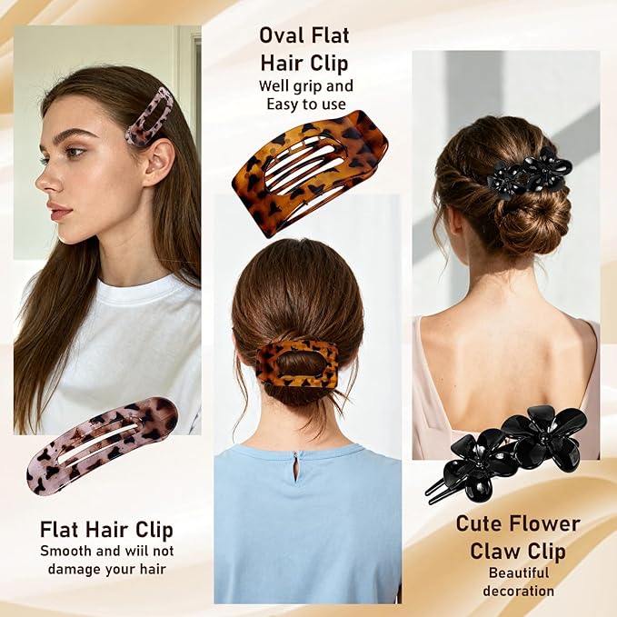 12 Pack Flat Hair Clips for Women – Matte Tortoiseshell Square Claw Clips, Flat Barrettes & Flower Pins in Black, White,Tortoiseshell & Leopard, Soft Touch Hair Accessories for Thick & Thin Hair