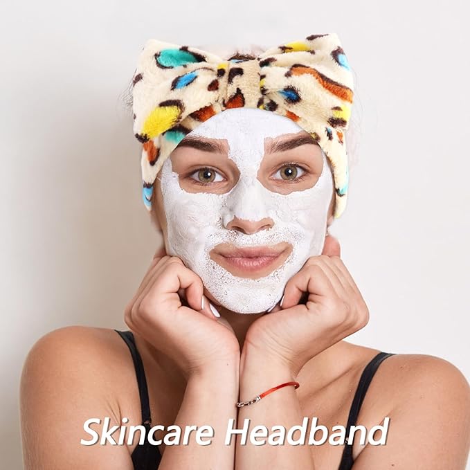 VELSCRUN Spa Headband, Makeup Face Wash Skincare Headbands, Bow Hair Band Party Favors for Washing Face, Stocking Stuffers For Women Teen Girls Christmas Gifts Hair Accessories Leopard Print Color