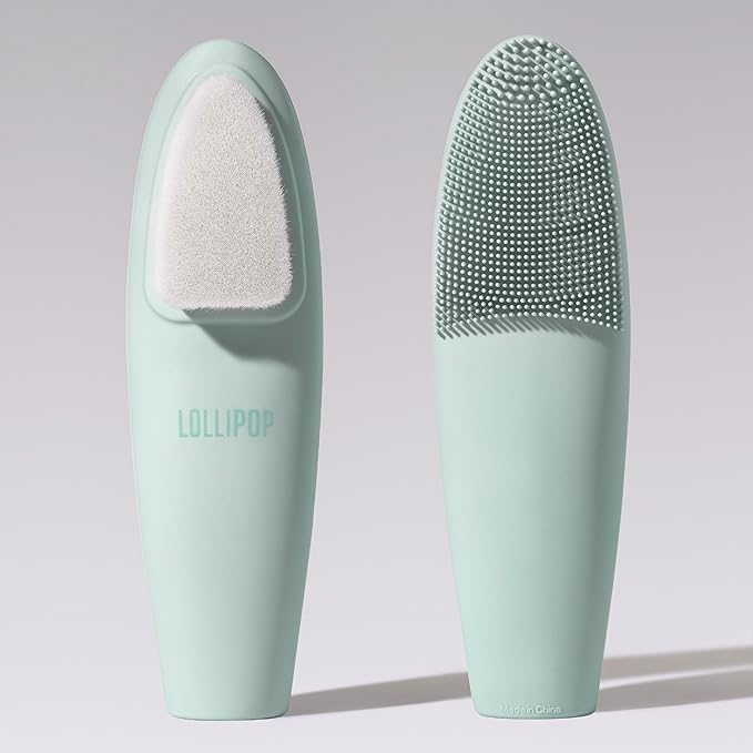 LOLLIPOP Dual-Sided Facial Cleansing Brush | Handle Size Silicone Face Exfoliator and Soft Fiber Cleanser | Manual Face Scrubber for Pores, Makeup Removal, Blackhead and Skincare Routine, Minty