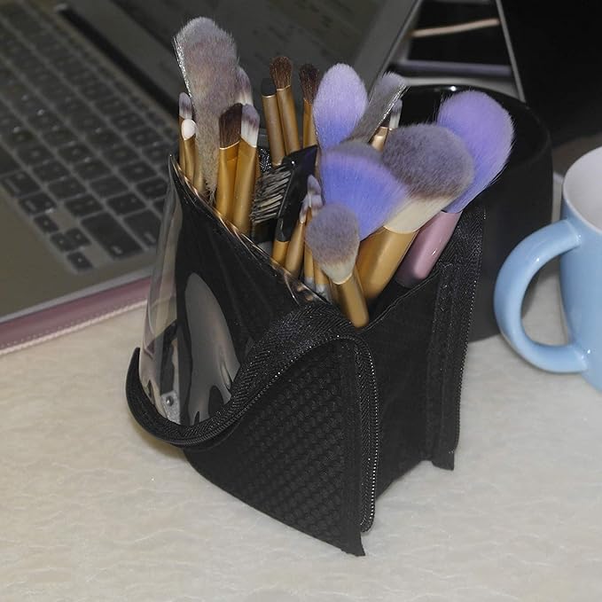 Black Travel Makeup Brush Holder 2-Pack, Organizer Bag Clear Plastic Cosmetic Zipper Pouch Portable Waterproof Dust-Free Stand-Up Small Toiletry Stationery Bag with Divider