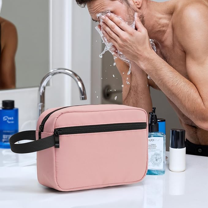 Travel Hanging Toiletry Bag with Carry Handle - Water-Resistant Small Cosmetic Organizer for Men & Women, Makeup, Shaving Kit, Gym & Travel Essentials (Dusty Pink)