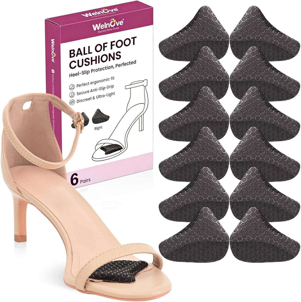 Anti Slip Foot Pads for High Heels - Heel Slip Stopper with Strong Adhesive Toe Grips, Slip Resistant Honeycomb Grip Stops Feet from Sliding Forward in Stiletto, Pumps & Slingbacks (6 Pairs)