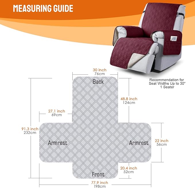 VANSOFY 100% Waterproof Recliner Chair Covers, Recliner Cover Non-Slip Dog Chair Cover Furniture Protector Washable Slipcover with Pocket, Elastic Straps for Pets, Dogs(Burgundy, 30")