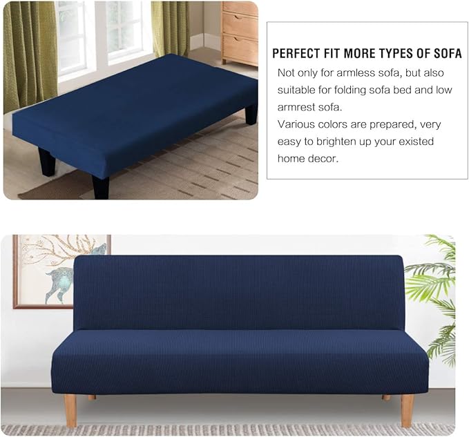 H.VERSAILTEX Armless Futon Cover Stretch Sofa Bed Slipcover Protector Elastic Feature Rich Textured High Spandex Small Checks Jacquard Fabric Futon Cover, Machine Washable, Navy