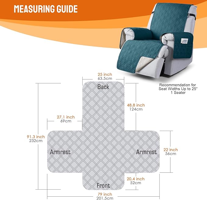 VANSOFY 100% Waterproof Recliner Chair Covers, Recliner Cover Non-Slip Dog Chair Cover Furniture Protector Washable Slipcover with Pocket, Elastic Straps for Pets, Dogs(Peacock Blue, 25")