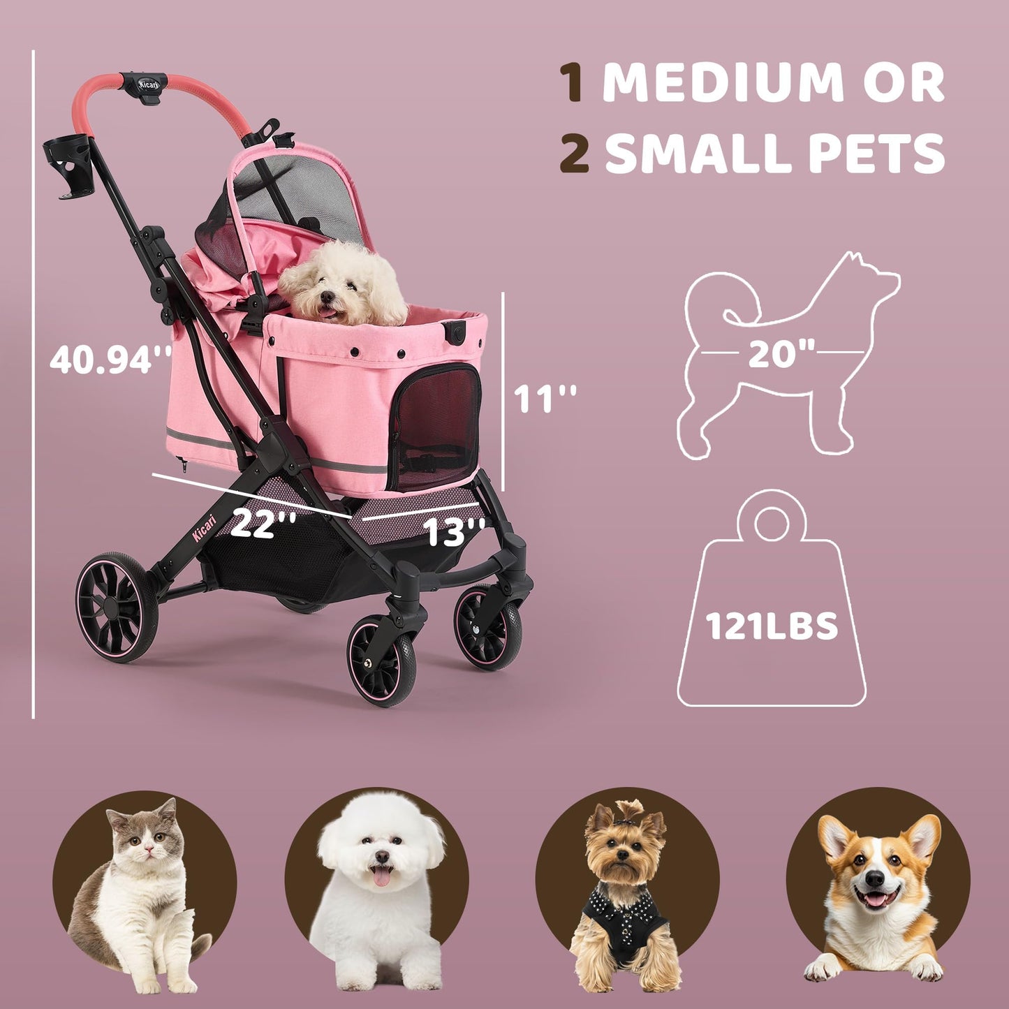 Kicari All-Terrain Dog Stroller for Small to Medium Dogs, Pet Stroller for Dogs & Cats Outdoor Walks, One-Hand Easy Fold, Double-Layer Anti-UV & Waterproof Canopy & Breathable Mesh, Sakura Pink