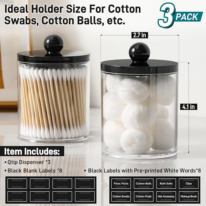 3 Pack Acrylic Qtip Holder Dispenser for Cotton Swabs, Balls, Pads, Floss - Plastic Canister Apothecary Jar Set, Bathroom Essentials Accessories Decor Vanity Makeup Storage Organizer - Clear & Black