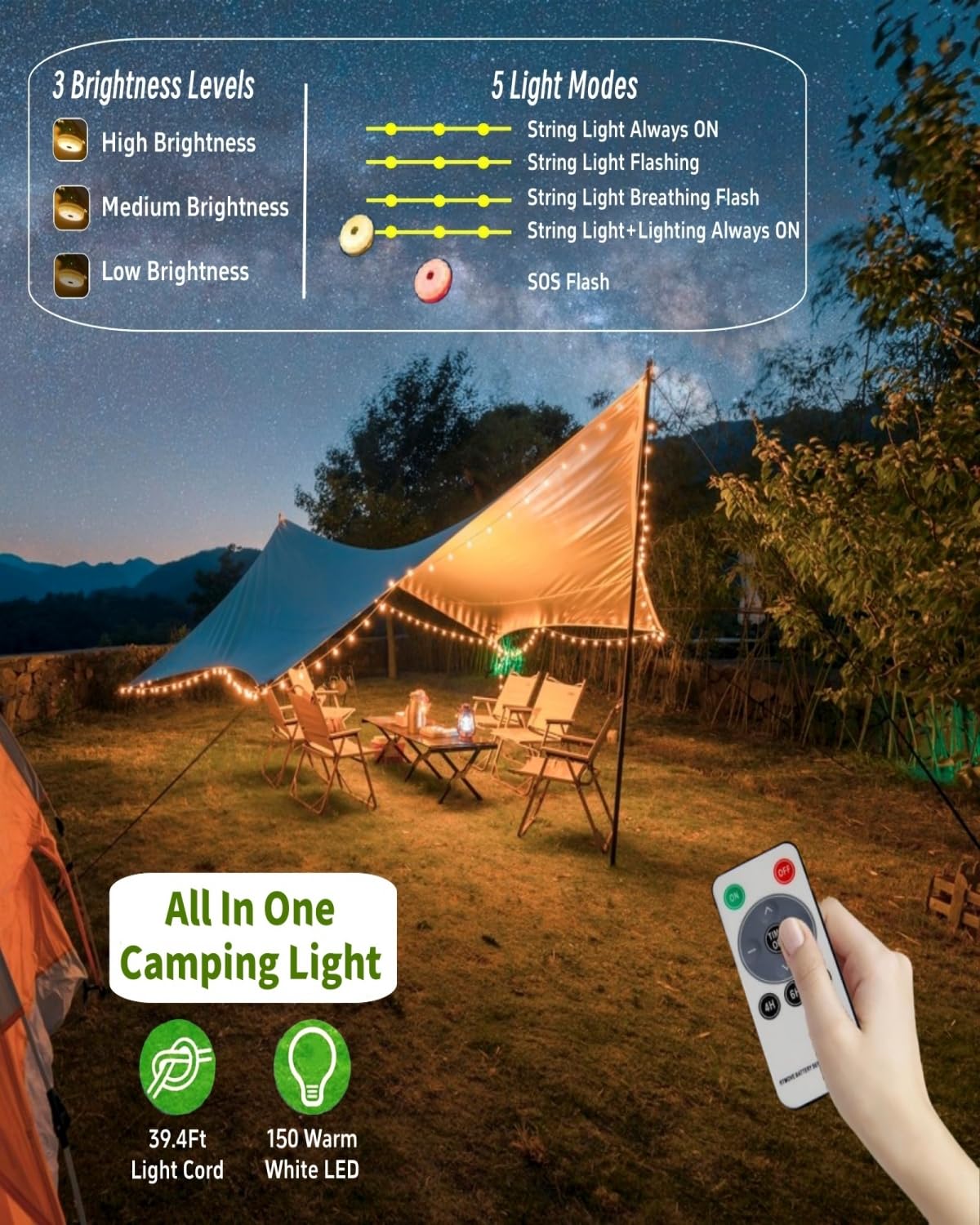 Solar Camping String Lights, 4 in 1 Fairy String Lights, Portable Waterproof Camp Lamp with 8 Lighting Modes, Hanging Rechargeable Tent Lantern for Christmas Decorations Patio Party Essentials-39.4 FT