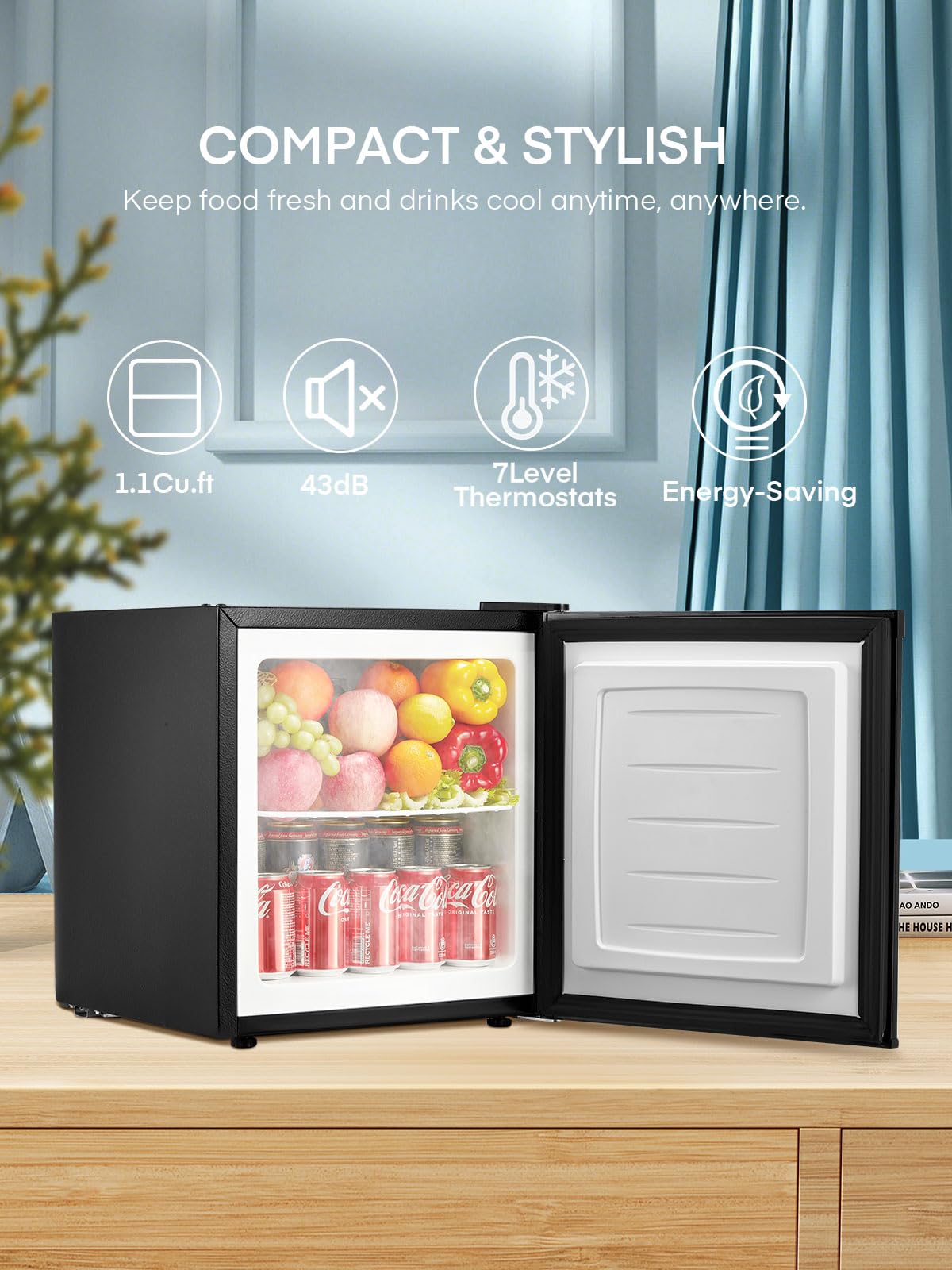 1.1 Cu.Ft Mini Freezer, Compact Countertop Freezer with Reversible Door and 7 Adjustable Temperature, Removable Wire Shelf for Dorm/Apartment/Office/RV, New Black