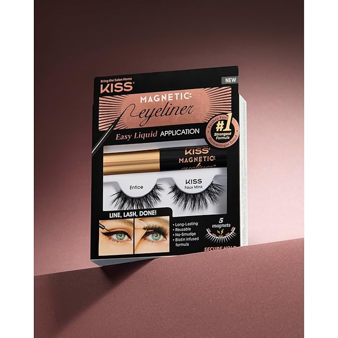 KISS Magnetic False Eyelashes and Eyeliner, ‘Entice’, 12mm, Easy to Apply, Reusable, No Glue, Flexiband Technology, Precision Felt Tip, Fortified Formula, 1 Pair Strip Lashes (Pack of 2)