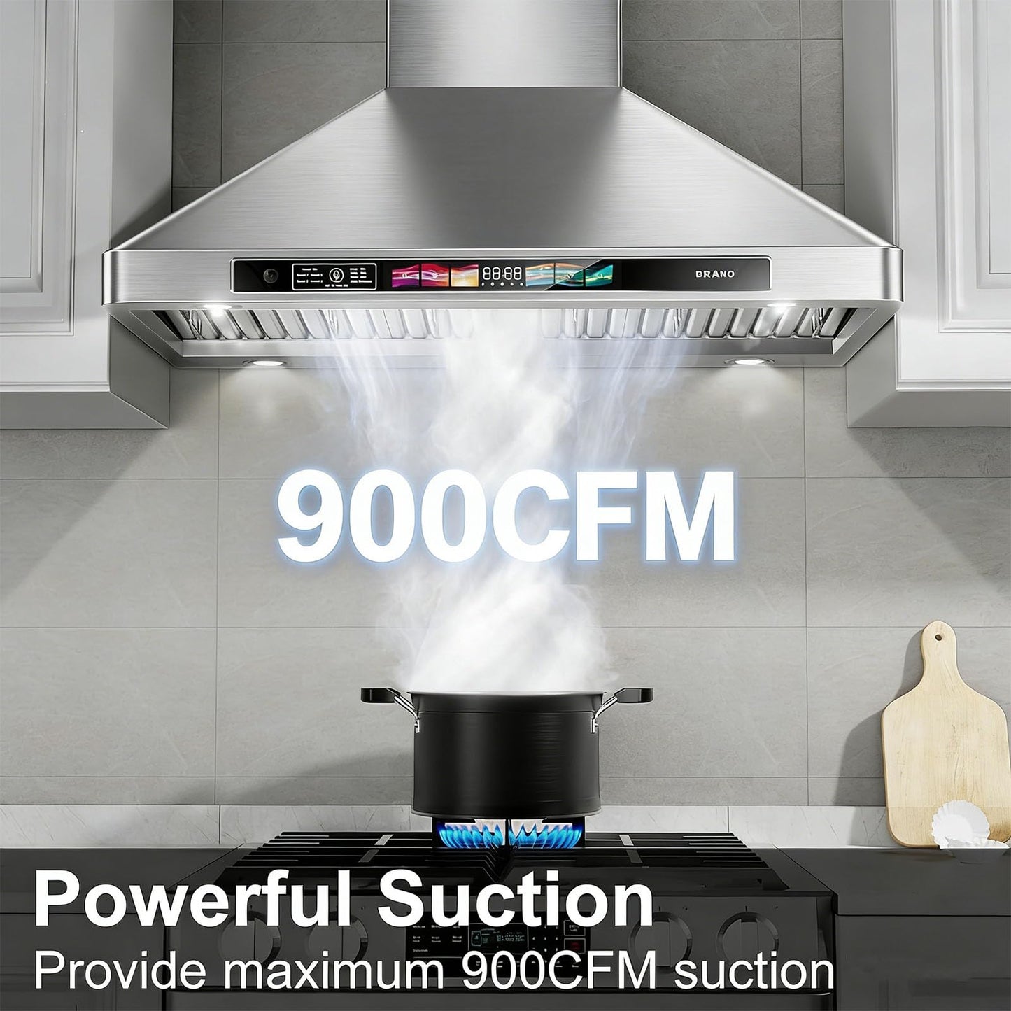 BRANO 30 Inch Wall Mount Range Hood, 900 CFM, Voice/Gesture/Touch Control, Stainless Steel, 4 Speed, 4 Adjustable Lights, Ducted/Ductless Convertible