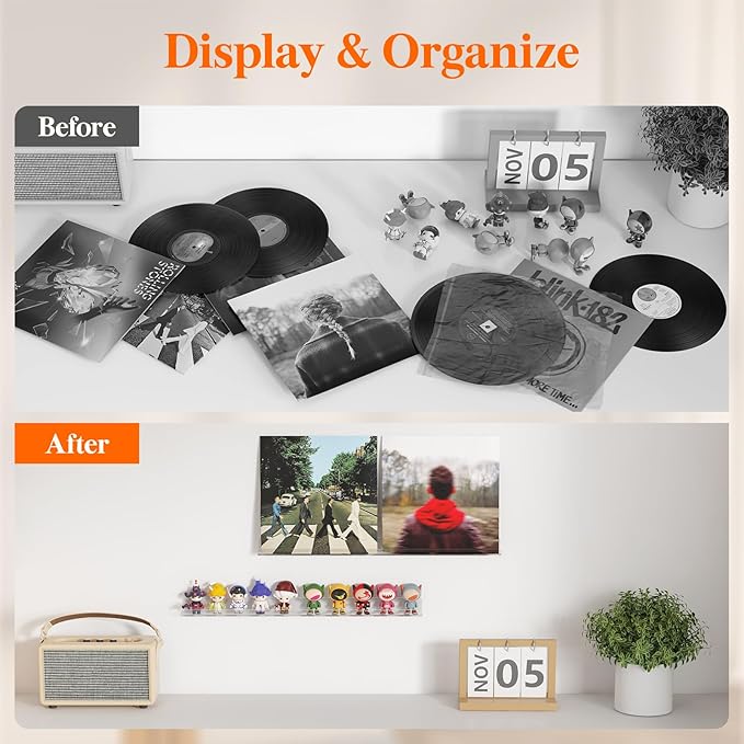 Lifewit Narrow Floating Shelves for Vinyl Record 4 Pack, 12" Clear Wall Shelves for Nail Polish/Book/Picture/Makeup, Acrylic Wall Display Shelf Organizer for Bedroom, Living Room, Bathroom Decor
