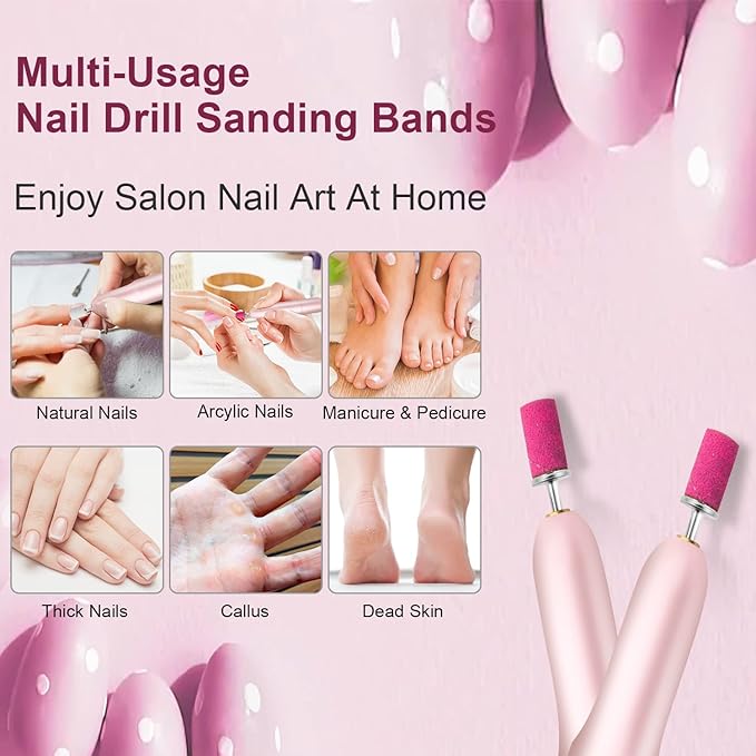 180Grit Nail Sanding Bands for Nail Drill, Pink Sanding Band for Nail Drill Fine Sanding Bands for Nail Drill with 3/32Ã¢ÂÂ Nail Sanding Bit for Natural Nail, 100Pcs Sand Band Set for Manicure & Pedicure