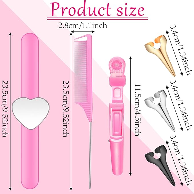 22 Pces Hair Braiding Tools with Magnetic Wrist Sewing Pincushion Pin Wristband Stainless Stitch Braid Finger Ring Tool Pintail Rat Tail Comb Sectioning Alligator Clips Salon Home(Pink)