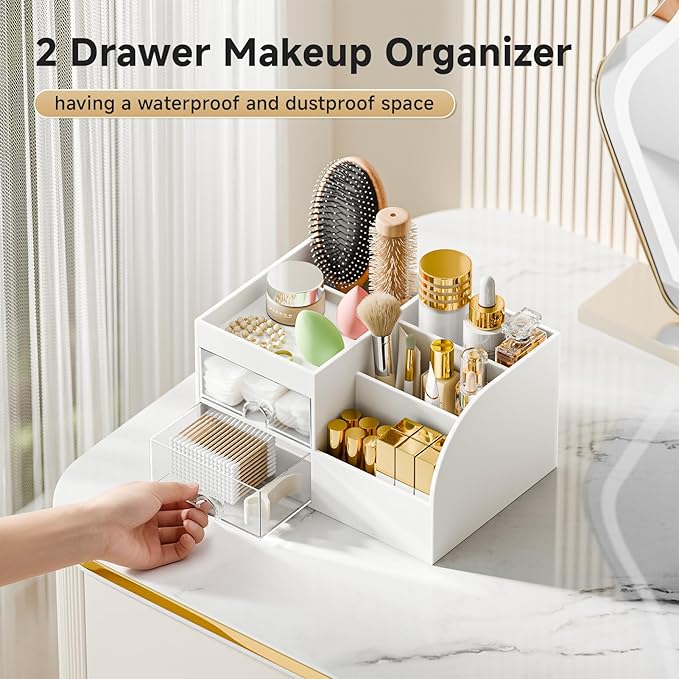 Makeup Organizer with 2 Drawers, Makeup Organizers Countertop for Vanity and Bathroom, Make up organization and Skincare Storage with Brush Holder, for Dresser, Desktop, Cosmetic Display Case (White)