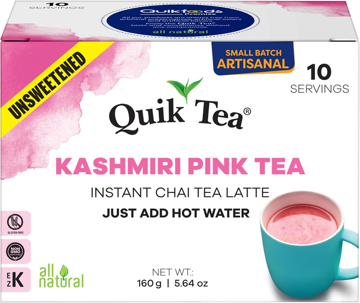 QuikTea Instant Unsweetened Kashmiri Pink Chai Tea Latte – 10 Count, Natural Pink Color with Hearty Spices Extracts, Low Caffeine, No Artificial Colors, Flavors or Preservatives – Just Add Hot Water