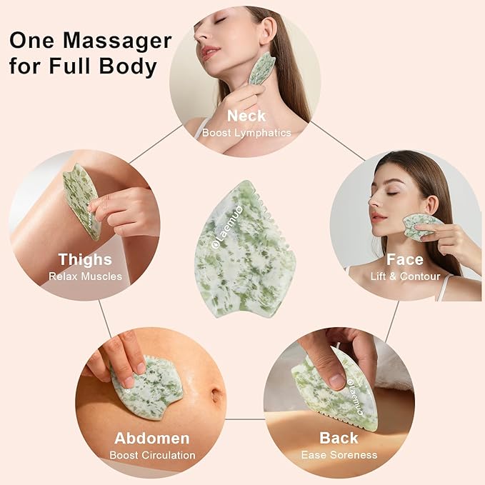 Jade Gua Sha Facial Tool - Face Massager Stone to Lift/Sculpt/Tone/De-Puff, Double Chin Reducer, Jawline Shaper, Lymphatic Drainage Face Sculpting Tool, Natural Translucent Bian Stone