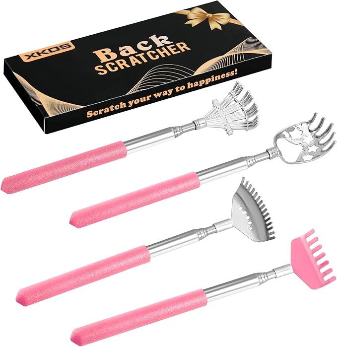 XKOS 4 Pack Different Back Scratcher Portable Telescoping with Rubber Handles, Extendable Metal Back Massager Tool with Beautiful Box, Stocking Stuffers for Men Women Adults (Pink)