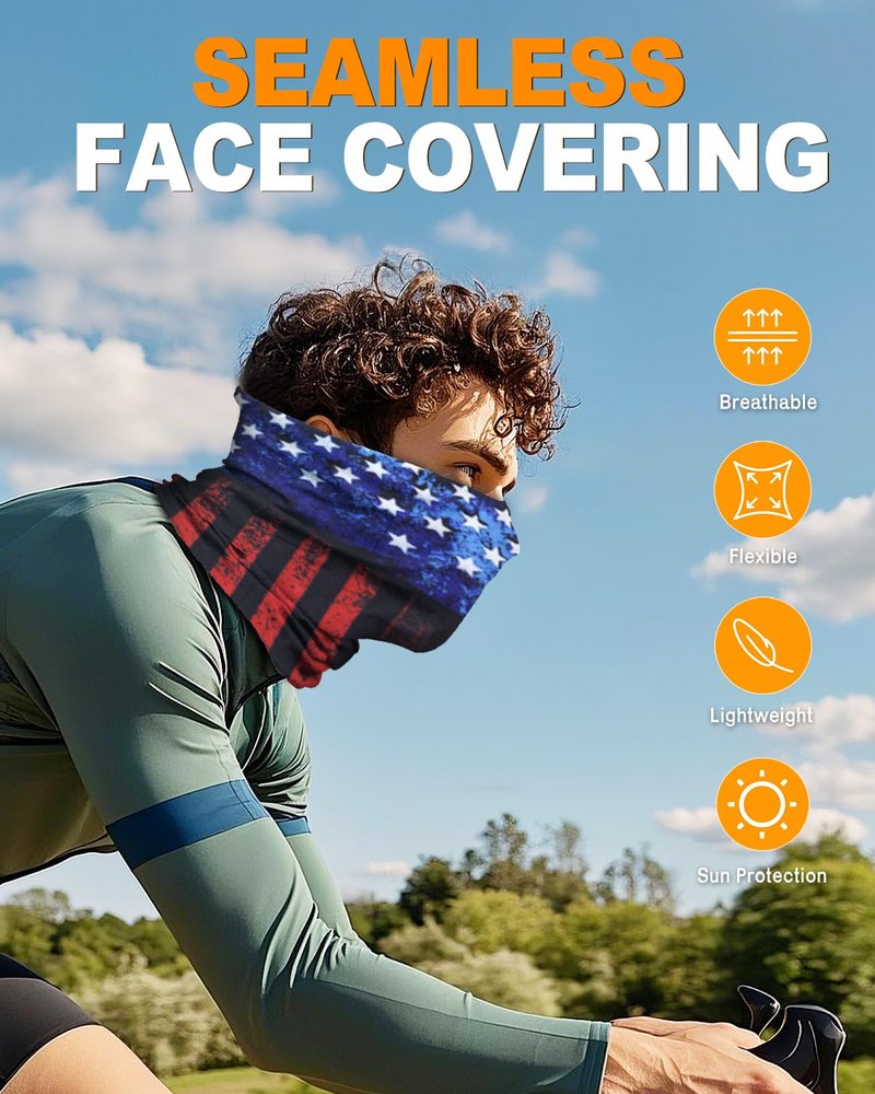 Lauzq 4Pack Neck Gaiter for Men Women Face Cover Mask Head Wrap Balaclava Headwear Bandana Headband Magic Scarf (A-Flag-1, one size)