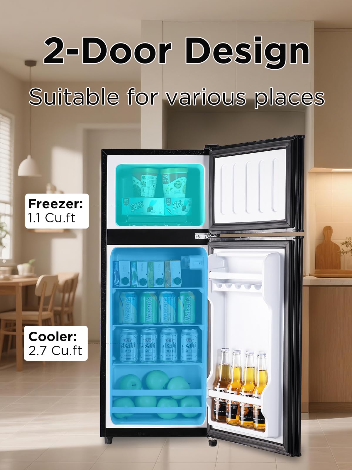 F.W.WOOLWORTHS 3.8 Cu.Ft Refrigerator with Freezer, 2 Doors Fridge with Adjustable Thermostat Control, Refrigerator for Kitchen, Dorm, Apartment, Garage, Office, Black