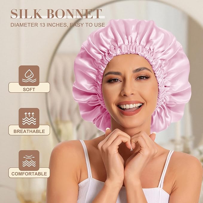 Satin Bonnet Silk Bonnet Hair Bonnet for Sleeping-Slouchy Beanie Hat Satin Sleep Cap for Women's Natural & Curly Hair(Dark Pink)