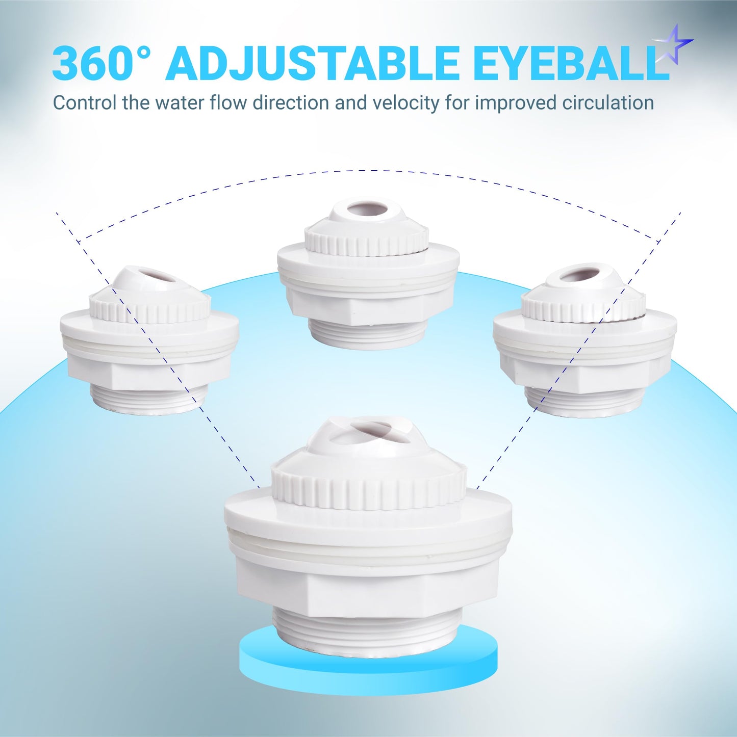 BlueStars Upgraded Pool Jet Nozzles SP1419D Directional Flow Hydrostream Return Jet Compatible with Adjustable 3/4" Opening Rotating Eyeball and 1-1/2 Inch MIP Thread - PACK OF 6