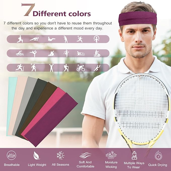 DiyJibb Headbands for Women, Stretchy Non Slip Soft Cotton Cloth Hair Bands for Sports, Workout, Yoga and Running, 7pcs