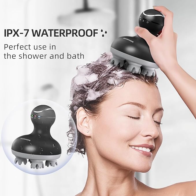 cotsoco Electric Scalp Head & Back Massager, Cordless Hair Massage Waterproof Head Massager with 4 Heads 84 Nodes for Hair Growth, Stress Relief & Deep Clean, Gifts for Men Women, Black