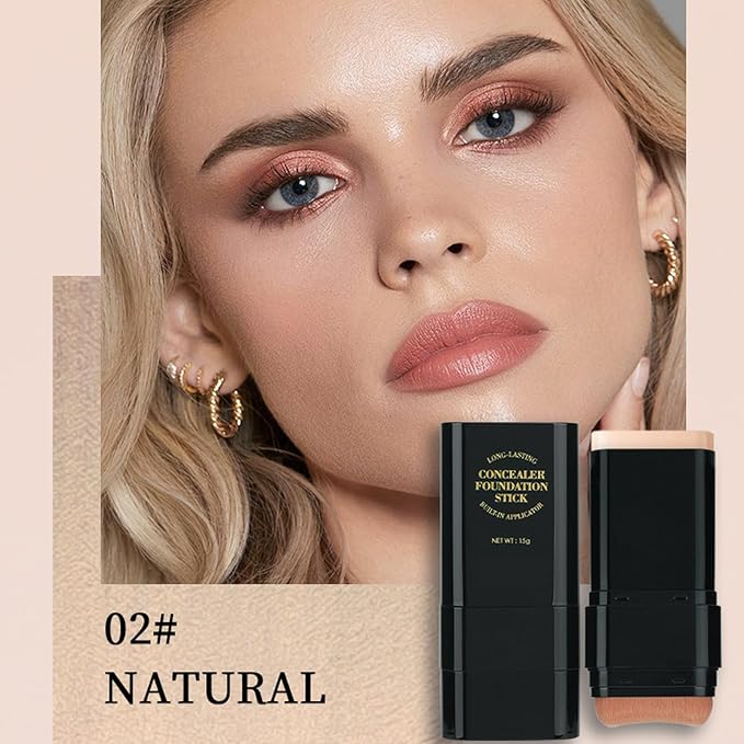 Foundation Stick, 2 in 1 Dual-Ended Long-Lasting Concealer Korean Foundation Contour Stick, Waterproof Contouring foundation with Brush, Full Coverage Matte Finish for Face Makeup(02#NATURAL)