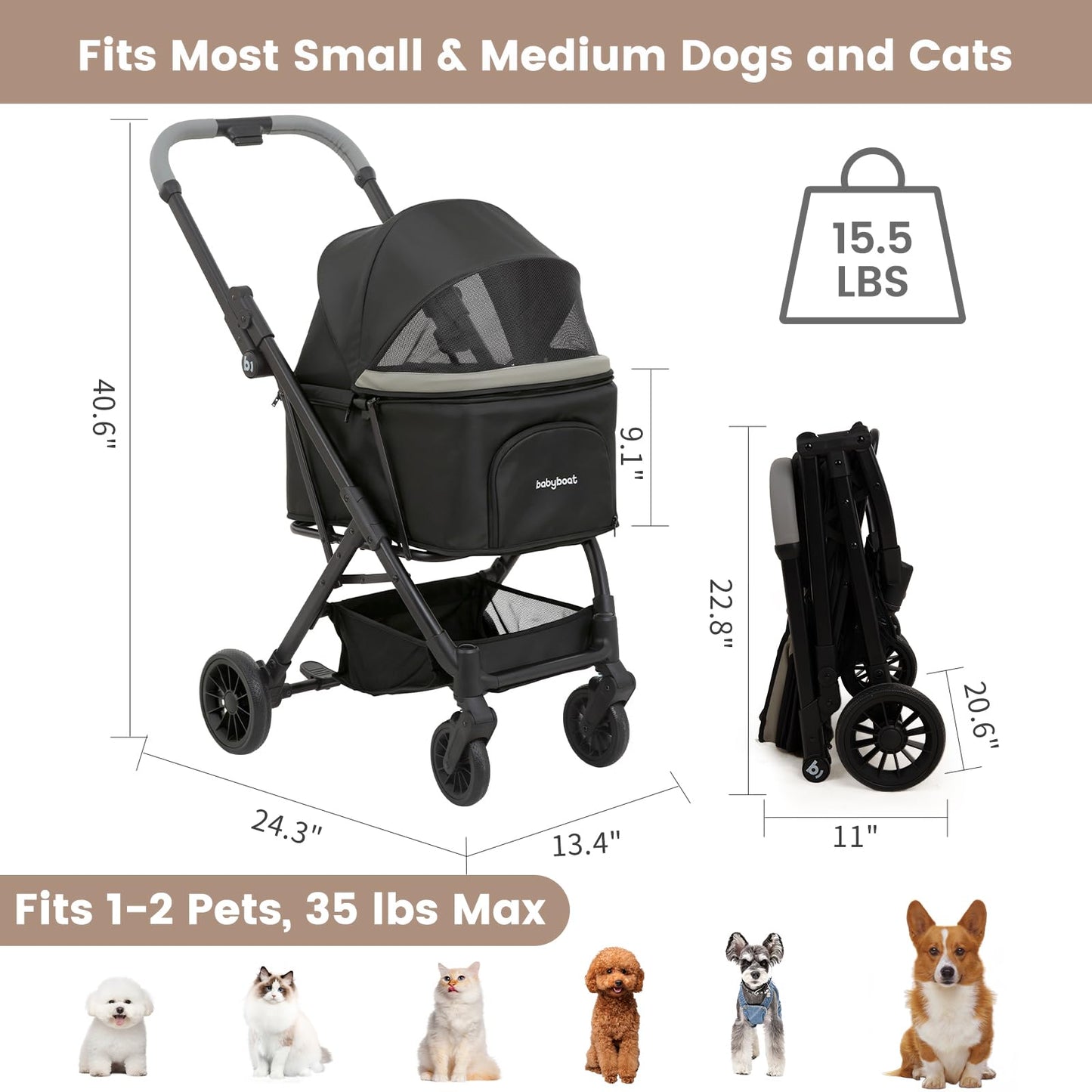 Foldable Dog Stroller for Small Dogs Cats Portable Compact Stroller for Pets Up to 35lbs One Click Folding Travel Pet Carriage with Convertible Canopy, Storage Basket - Black