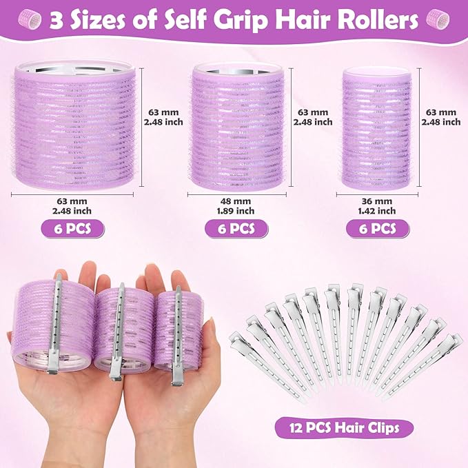 Thermal Hair Rollers Set - 30PCS Jumbo Self-Grip Rollers (64mm, 48mm, 36mm) with Clips for Long, Medium, Short Volume and Salon Styling