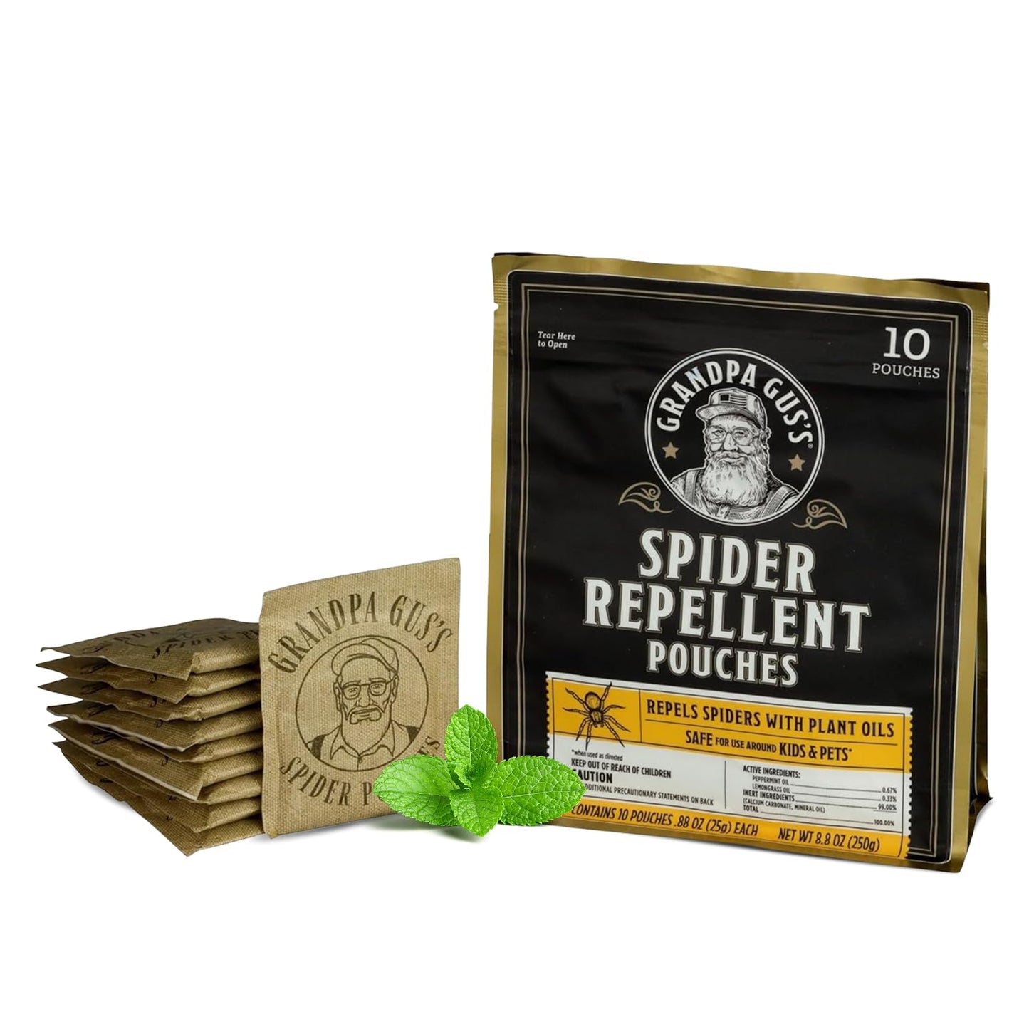 Grandpa Gus's Natural Spider Repellent Pouches, Peppermint and Lemongrass Oil Indoor Spider Deterrent, Wolf Spider Repellent, Closet, Basement, Cabin, Shed, RV and Garage, 10 Pack