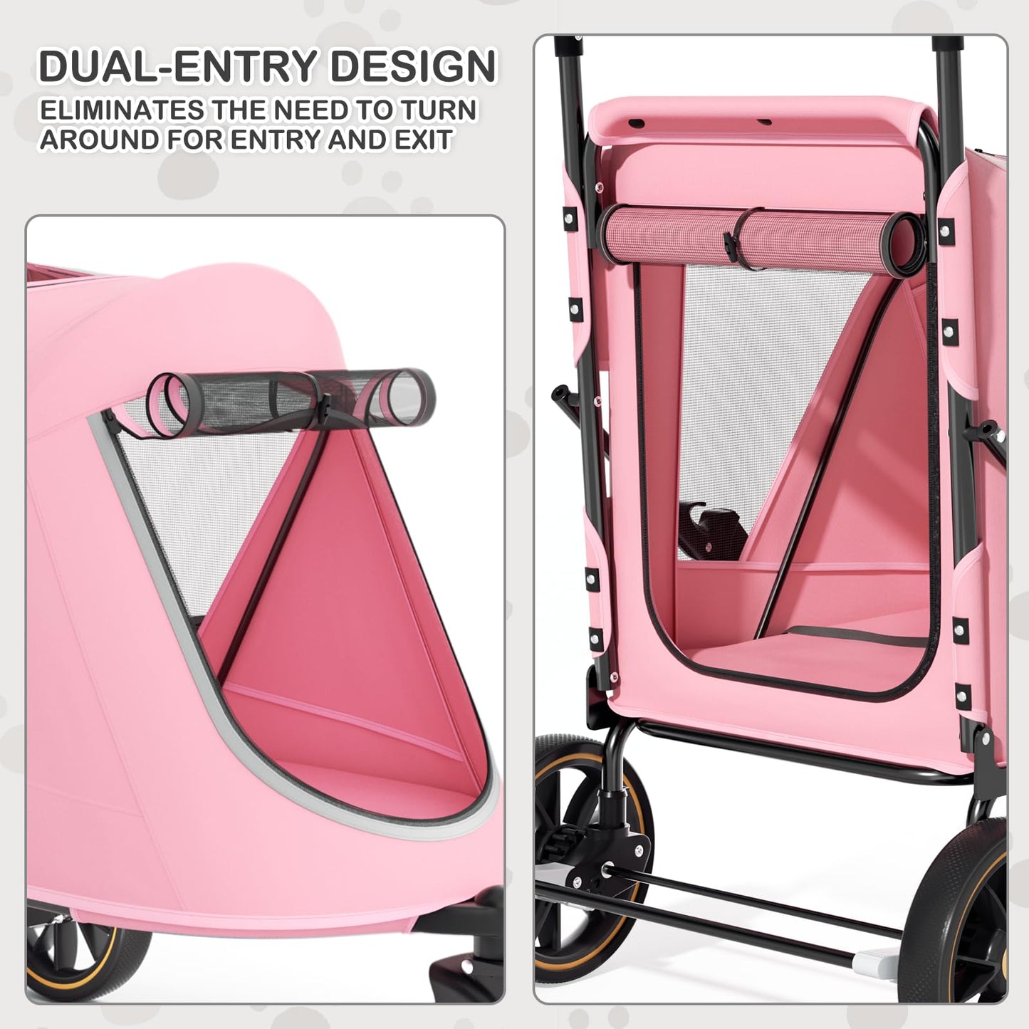 MoNiBloom Pet Stroller for Large Dogs or Multiple Dogs Cats with Adjustable Handle, 3-Wheels Dual Entry Portable Dog Carting Easy Folding Pet Wagon Double Dog Stroller up to 55 lbs, Pink