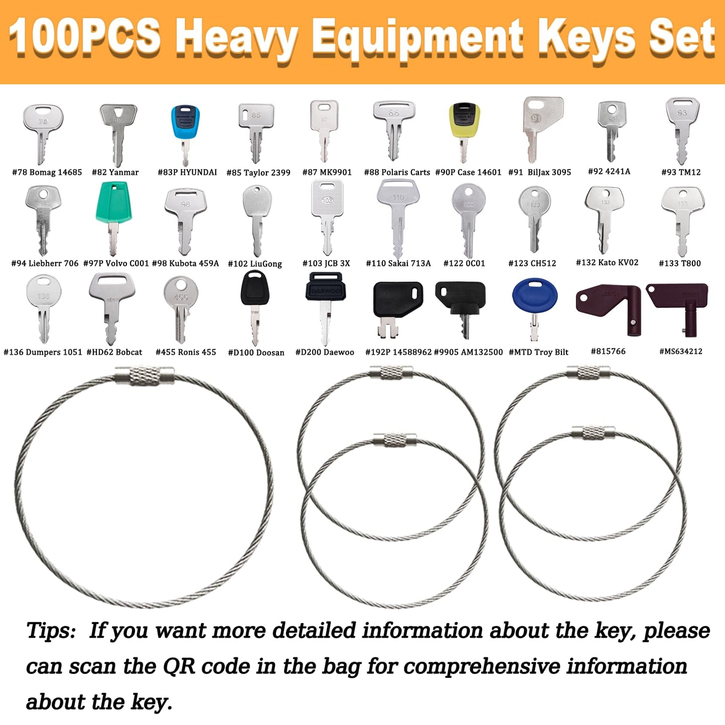 100 Non-Repeating Full Range Master Equipment Key Set, Original Heavy Construction Excavator Dumper Dozer Ignition Key for CAT Kubota John Deere JCB Yanmar Takeuchi Komatsu Volvo Toyota and More