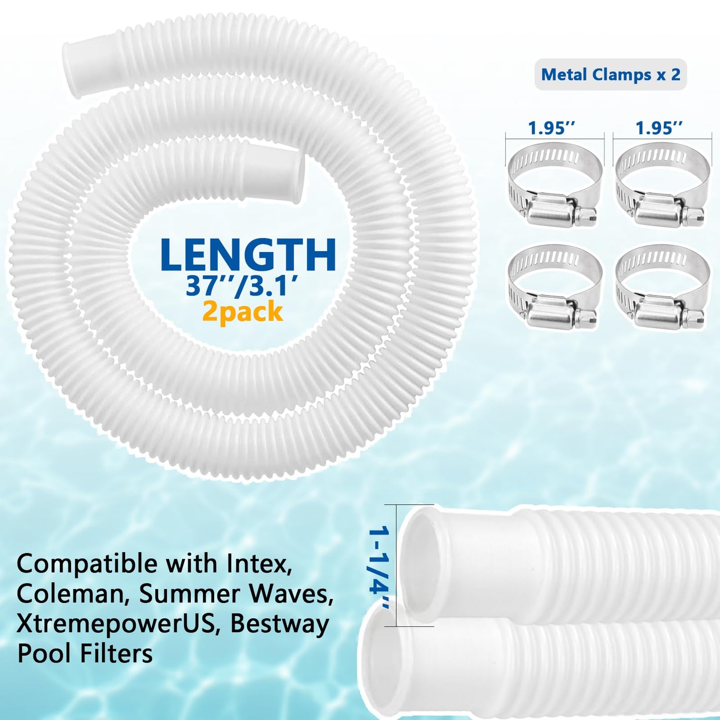 1.25 Inch Pool Hose for Above Ground Pools, 1-1/4" x 3ft Flexible Pool Skimmer Hose Replacement Compatible with Intex, Coleman, Summer Waves, XtremepowerUS, Bestway, Sand Filter Pumps (White, 2 Pack)