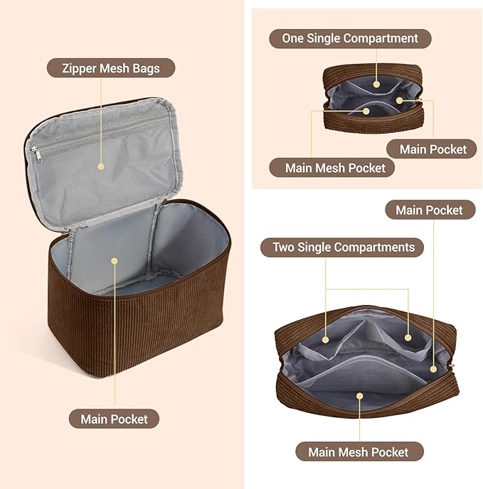 MAGEFY Small Makeup Bag for Purse Mini Cosmetics Bag Corduroy Cute Cosmetic Pouch for Women with Slip-in Pockets