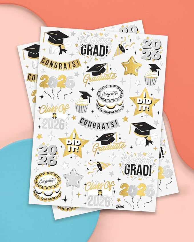 xo, Fetti 2026 Graduation Temporary Tattoos - 48 Foil Styles | New Grad Party Decorations, College Graduate Girls Accessory, High School Senior Gift, Graduation Cap Tassel Decor, Congrats Grad Favor