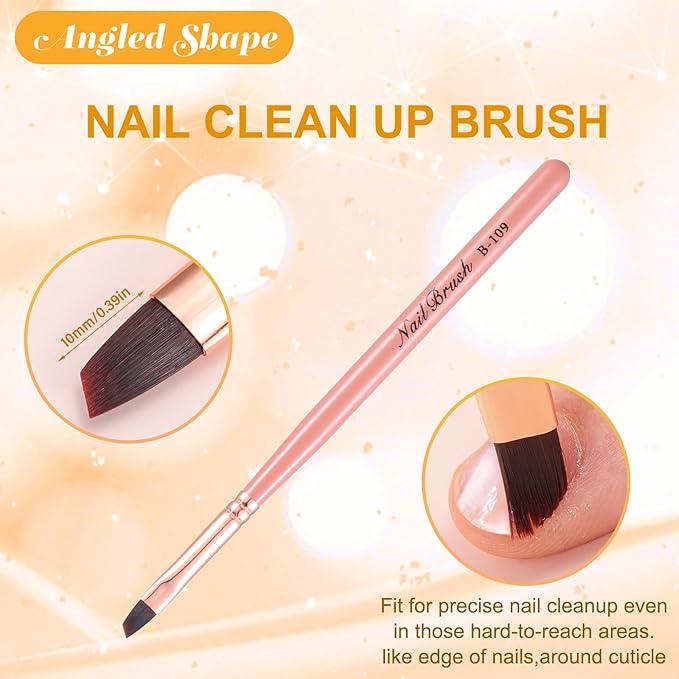 Pink Nail Art Clean Up Brushes for Cleaning Polish Mistakes on the Cuticles, Acetone Resistant Nail Brush, Fingernail Cleaning Brushes for Nail Art and Designs (Round&flat&Bevel)