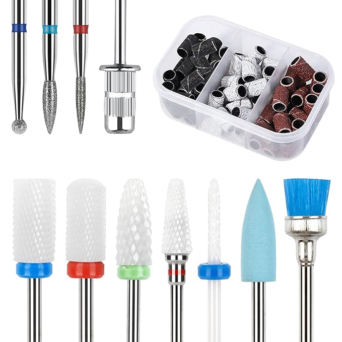BQAN Nail Drill Bits Set, 10Pcs 3/32 In Drill Bit for Nail Tech Ceramic Diamond Bits with 75Pcs Nail File Sanding Bands for Remove Cuticle Acrylic Polish Nails Manicure
